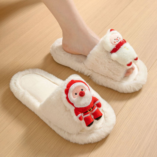 Christmas Shoes Ins Santa Claus Open-toe Cotton Slippers Winter Home Indoor Floor Plush Warm Furry Slippers Women cj