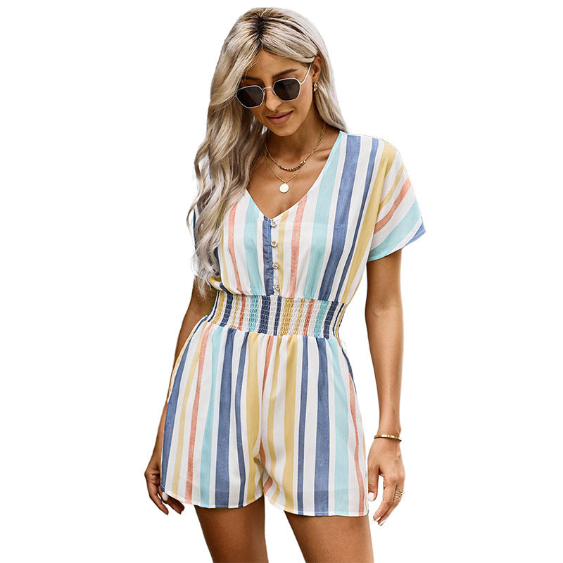 Summer New Striped Loose Short Sleeve Slim Women Jumpsuit cj