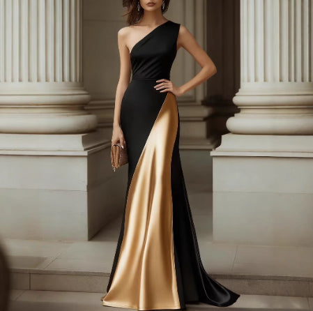 Black One-Shoulder Satin Mermaid Maxi Dress