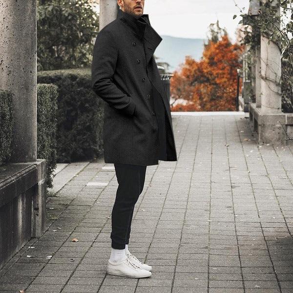 Fashion Trench Coat Men's Stand Collar Casual Tweed Jacket cj