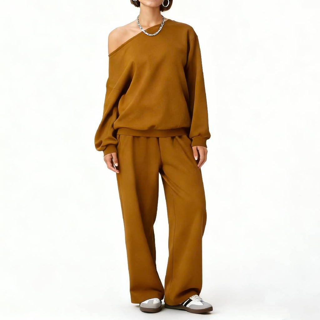 Women's Sloping Shoulder Top & Wide-Leg Trousers Set