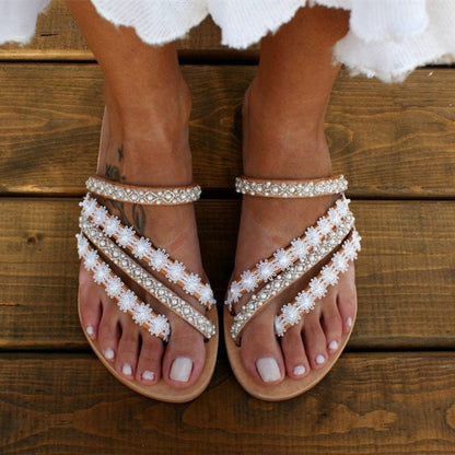 Women's Sandals Mules Boho Beach Shoes Rhinestone Lace Beading Flat Slippers cj