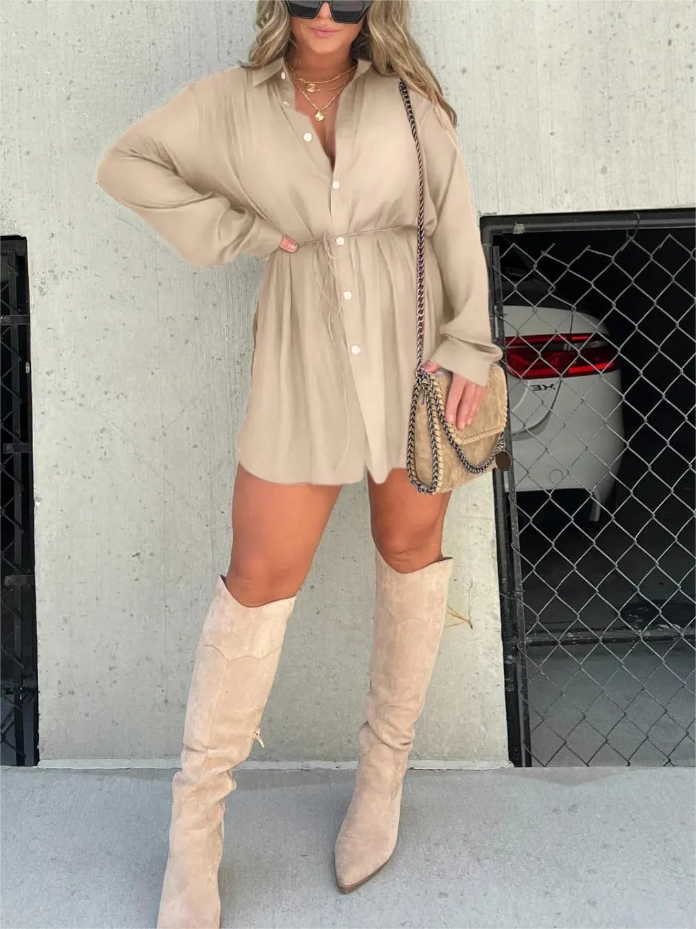 Women's Long Sleeve Jumpsuit – Lace-Up Spandex Shirt Dress