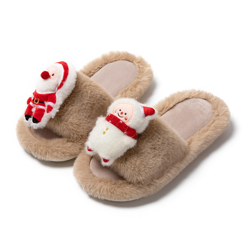 Christmas Shoes Ins Santa Claus Open-toe Cotton Slippers Winter Home Indoor Floor Plush Warm Furry Slippers Women cj