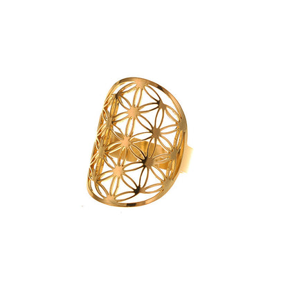 Stainless Steel Jewelry Popular Ring Flower Of Life Golden Steel Color Hollow Ring