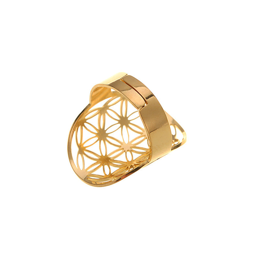 Stainless Steel Jewelry Popular Ring Flower Of Life Golden Steel Color Hollow Ring