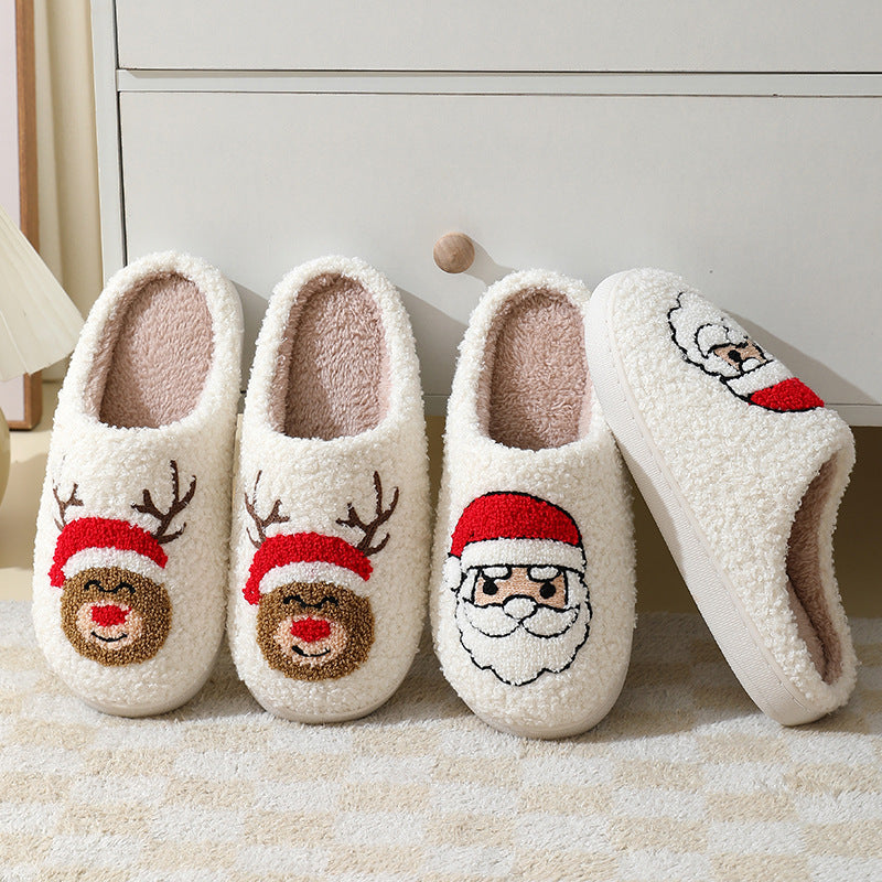 Christmas Home Slippers Cute Cartoon Santa Claus Cotton Slippers For Women And Men Couples Winter Warm Furry Shoes cj