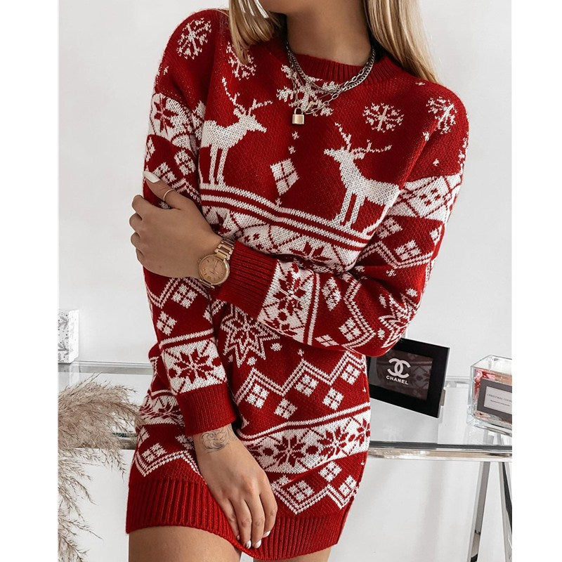 Elk Snowflake Christmas Jacquard Knitted Dress Long Knitted Sweaters cj