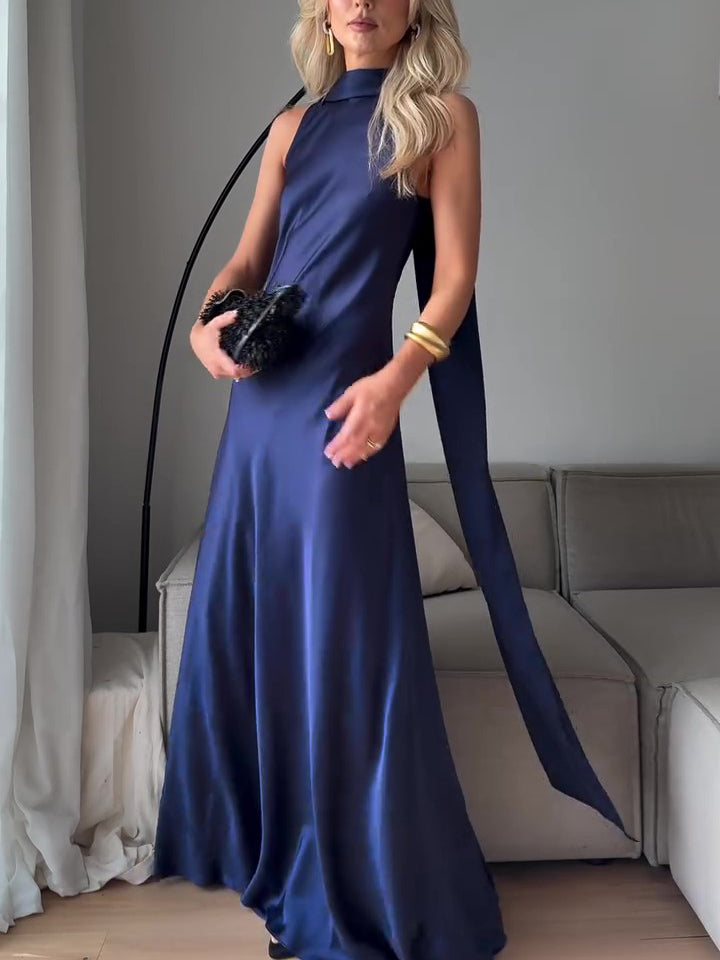 Women's Royal Blue Satin Maxi Dress — Sleeveless Formal Gown