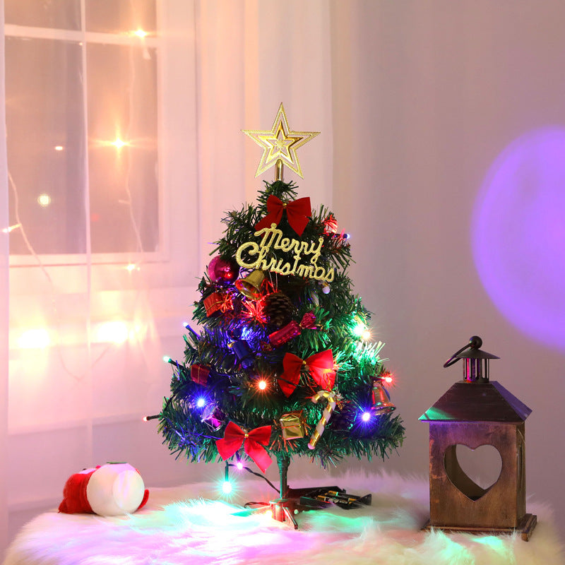 Mini Christmas Tree With Lights Small Accessories Bow Bells Pine Cone Gifts Christmas Desktop New Year Decorations cj