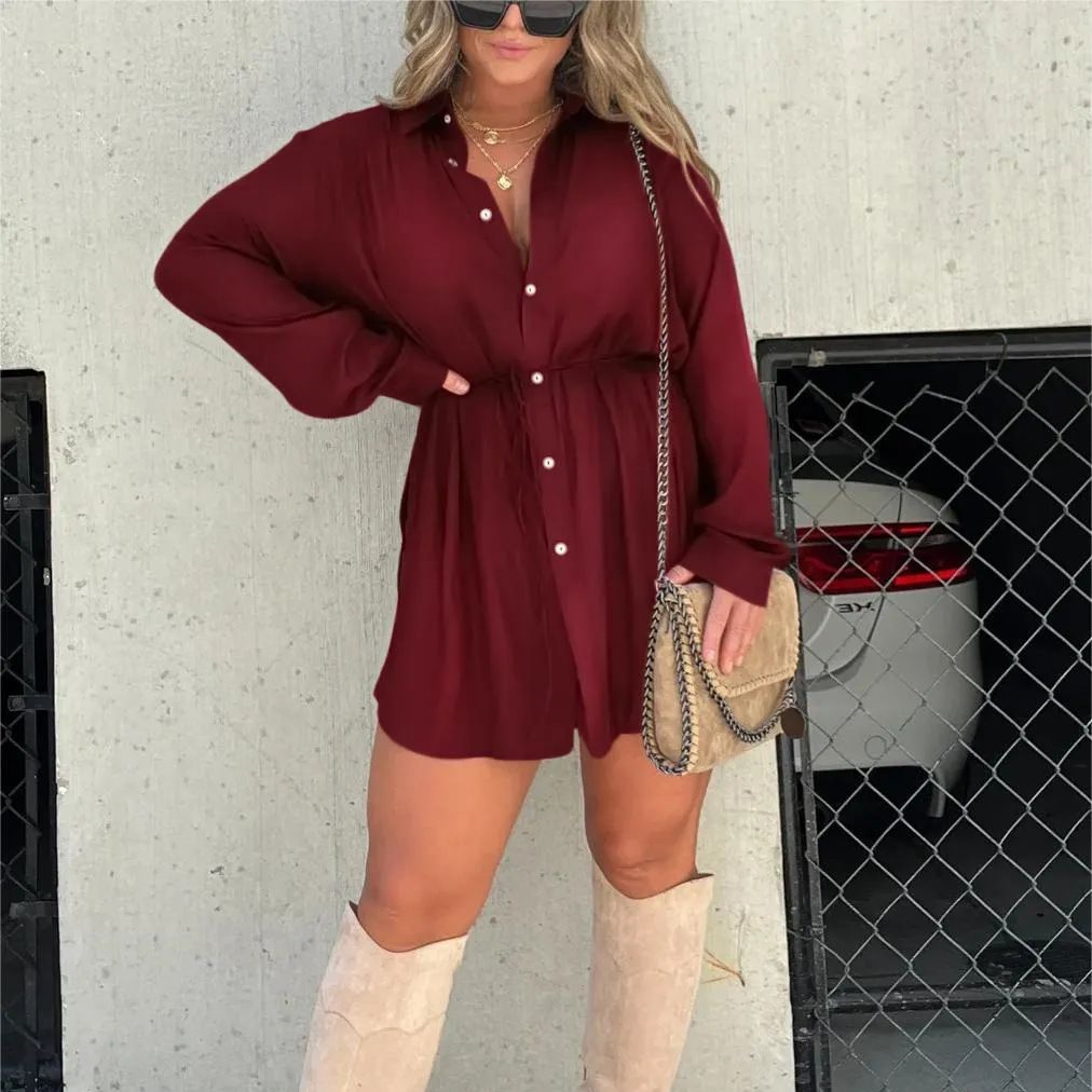 Women's Long Sleeve Jumpsuit – Lace-Up Spandex Shirt Dress