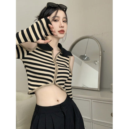 Women's Fashion Striped Knitted Cardigan Slim Long-sleeved Sweater cj