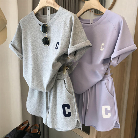 Women's Fashion Casual Loose Short-sleeved T-shirt Shorts Set cj