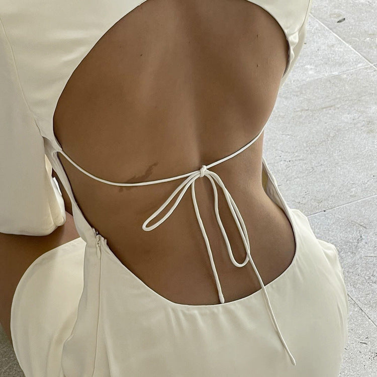 Women's Yellow Satin Backless Dress — Long Sleeve Lace-Up Hollow