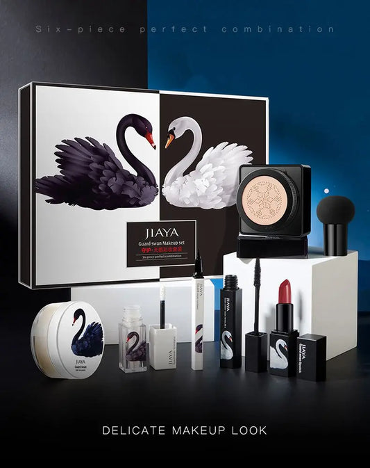 Black And White Swan Makeup Set Seven-Piece Makeup Gift Box Cushion BB Cream Makeup Powder Lipstick Collection Swan-Inspired Beauty Kit Complete Makeup Set ShopWithVanny Top-Ranking Beauty Products Flawless Makeup Look