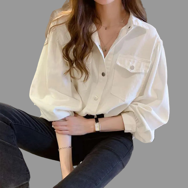 Damen Langarm Bluse mit Polo-Kragen und Taschen