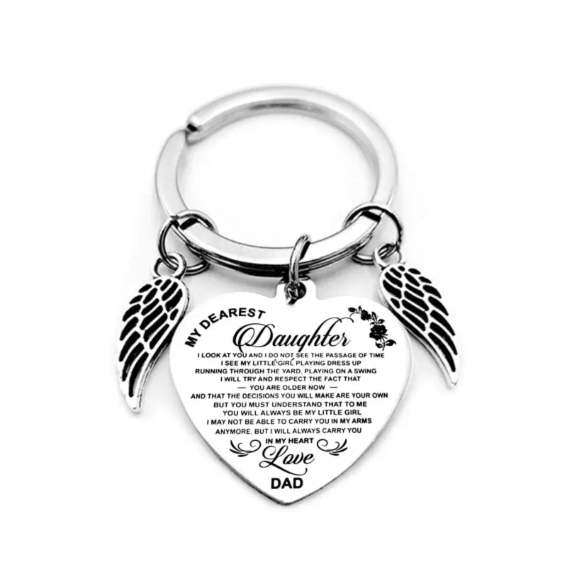 Dad Mom To My Daughter Heart Pendant Keychain Angel Wings Inspirational Letter Key Chain cj