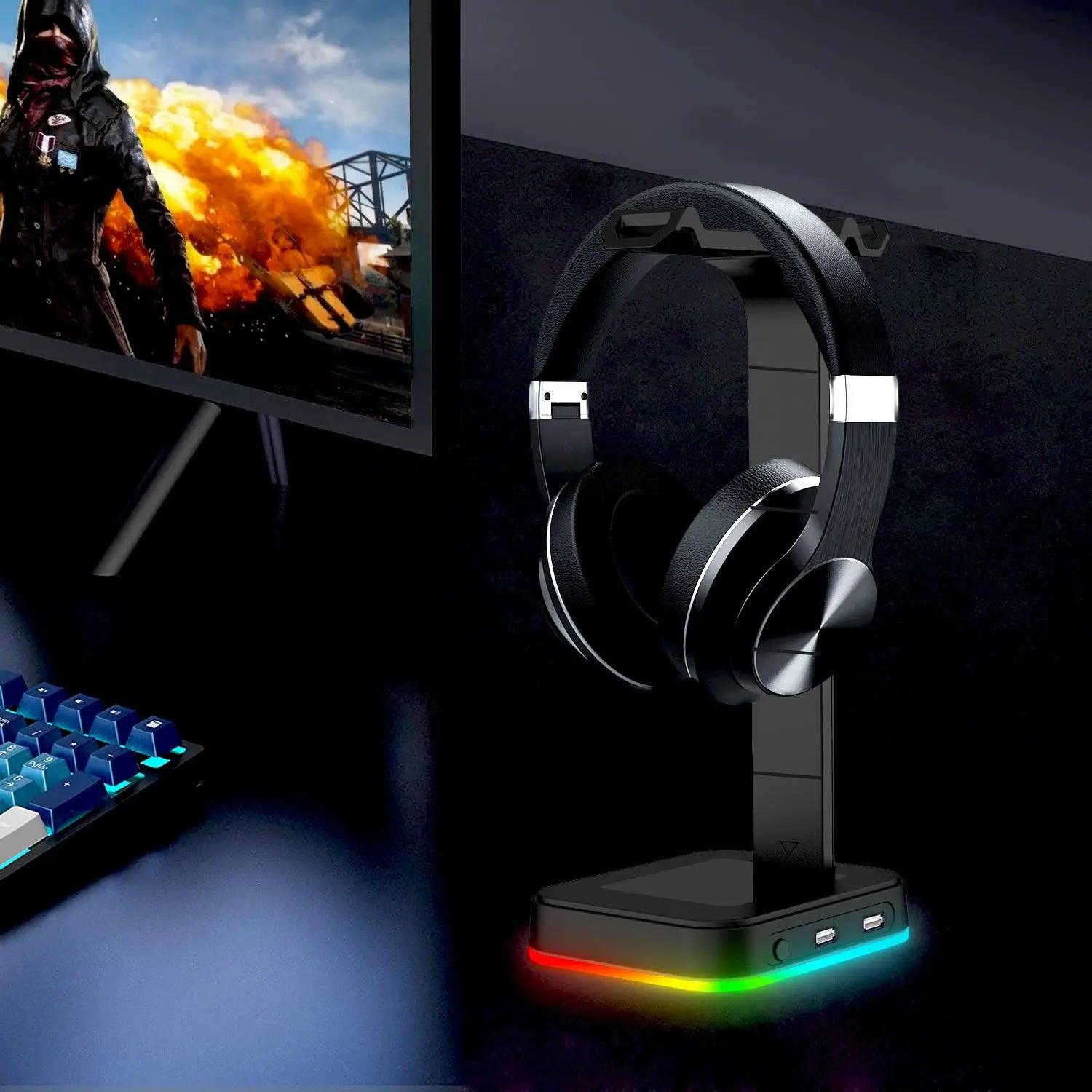 Desktop Gamer 2 In 1 RGB Headphone Stand Power Strip Desk Gaming Headset Holder With 2 USB Charging Earphone Hanger cj
