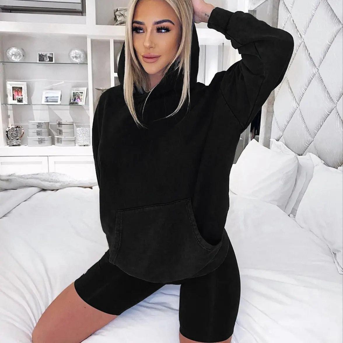 Fashion Casual Home Solid Color Loose Sweater Shorts Sports Suit cj