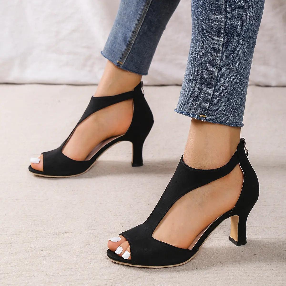 High Heel Peep Toe Sandals Women Back Zipper Outdoor Summer Shoes cj