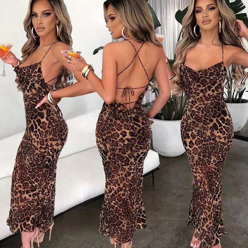 Leopard Print Sexy Backless Lace-up MIDI cj