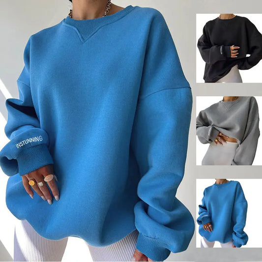 Loose Sweater Women's Casual Round Neck Pullover Tops Solid Color Sports Sweatshirt cj