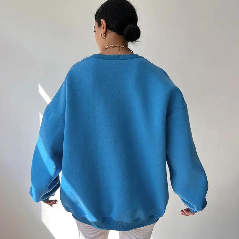 Loose Sweater Women's Casual Round Neck Pullover Tops Solid Color Sports Sweatshirt cj