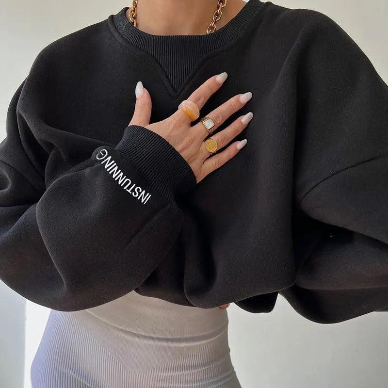 Loose Sweater Women's Casual Round Neck Pullover Tops Solid Color Sports Sweatshirt cj