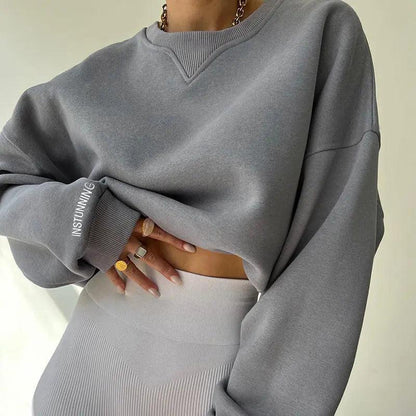 Loose Sweater Women's Casual Round Neck Pullover Tops Solid Color Sports Sweatshirt cj