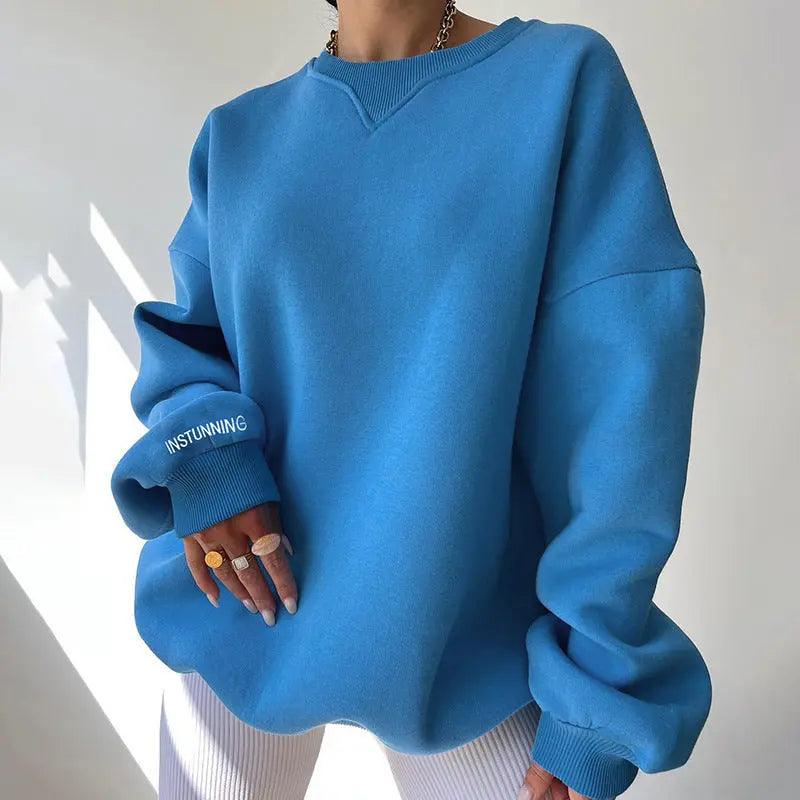Loose Sweater Women's Casual Round Neck Pullover Tops Solid Color Sports Sweatshirt cj