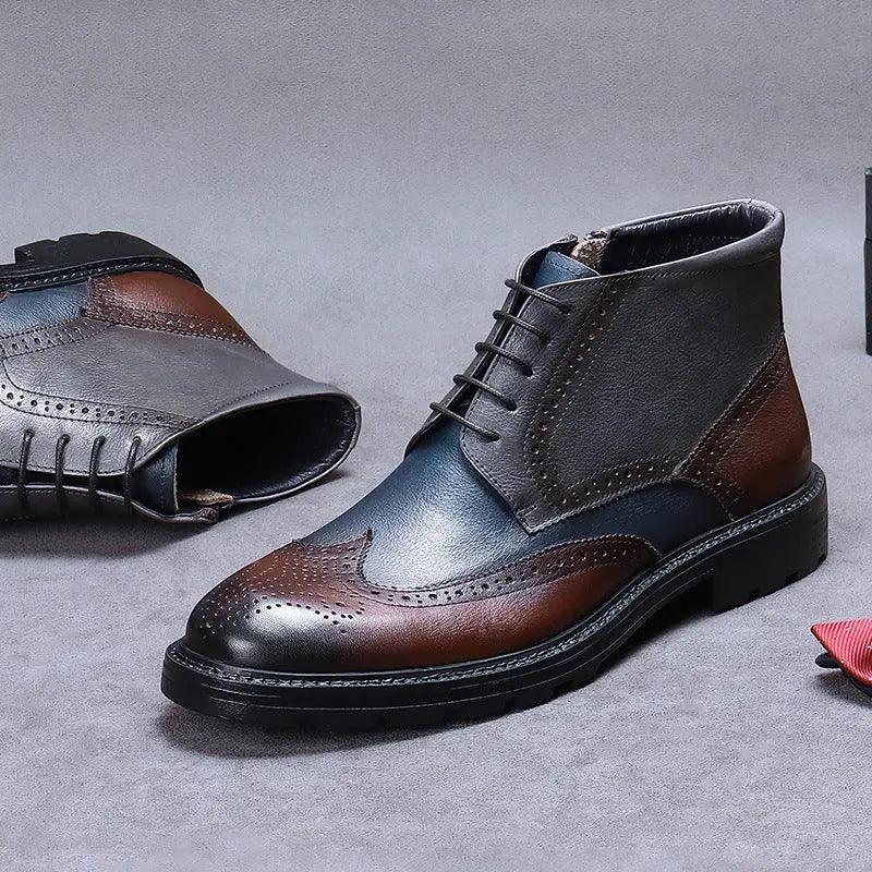 Mens Leather Vintage Color Blocking Brogue Carved Boots cj