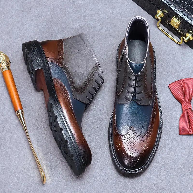 Mens Leather Vintage Color Blocking Brogue Carved Boots cj