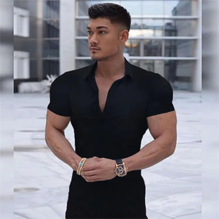 Muscular Man Stretch Shirt With Stand-up Collar And Short Sleeves cj