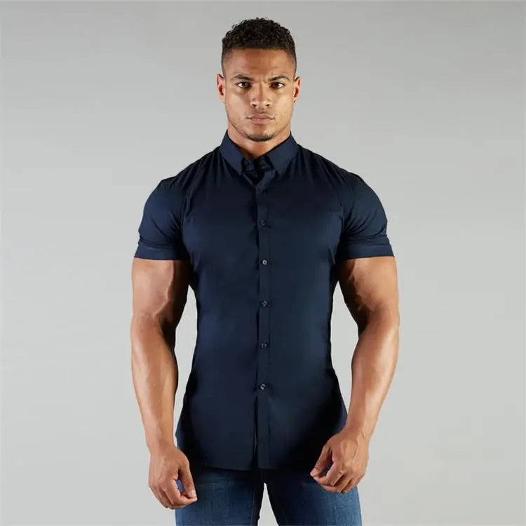 Muscular Man Stretch Shirt With Stand-up Collar And Short Sleeves cj