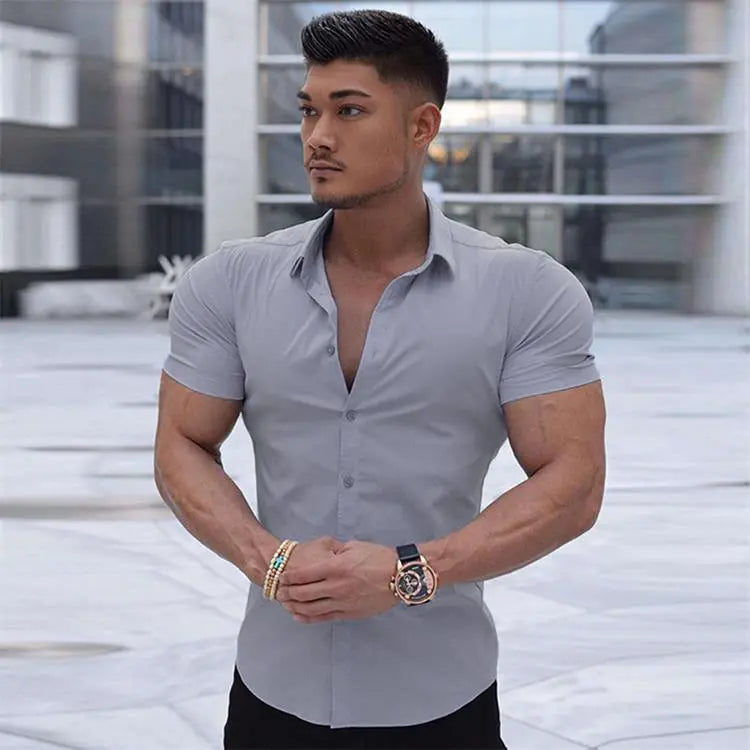 Muscular Man Stretch Shirt With Stand-up Collar And Short Sleeves cj