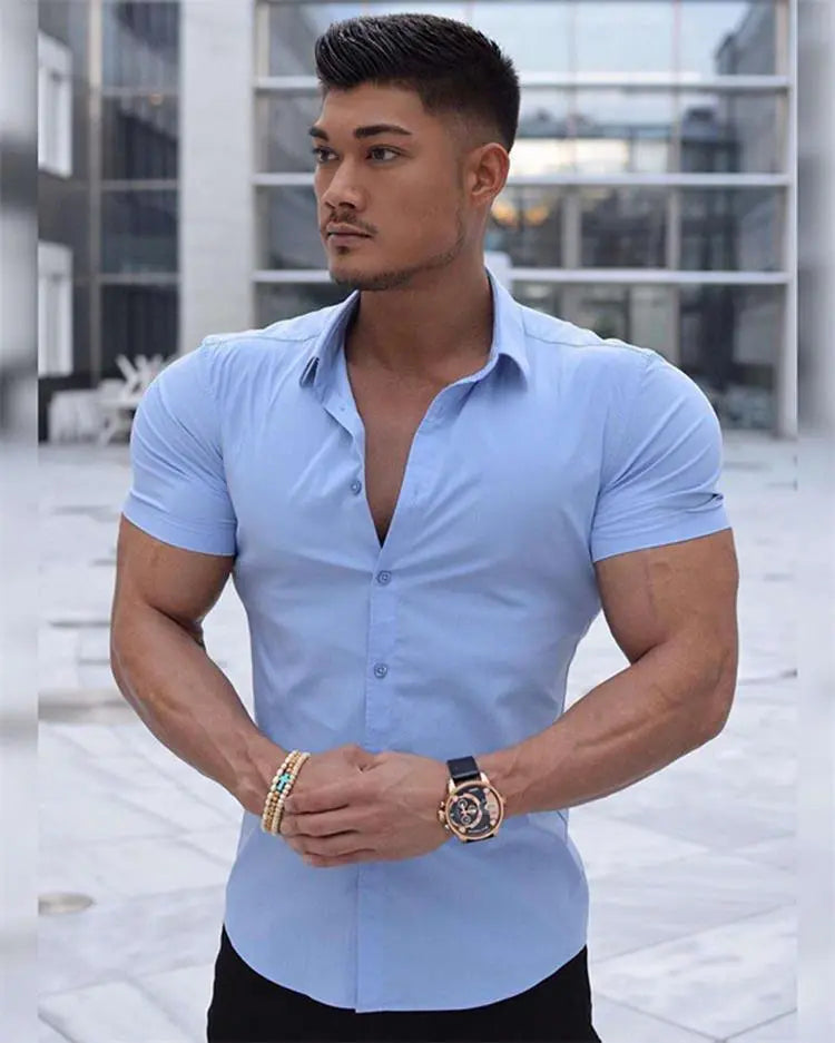 Muscular Man Stretch Shirt With Stand-up Collar And Short Sleeves cj