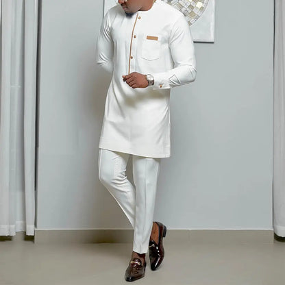 New African Ethnic Style Men's 2 Piece White Suit cj