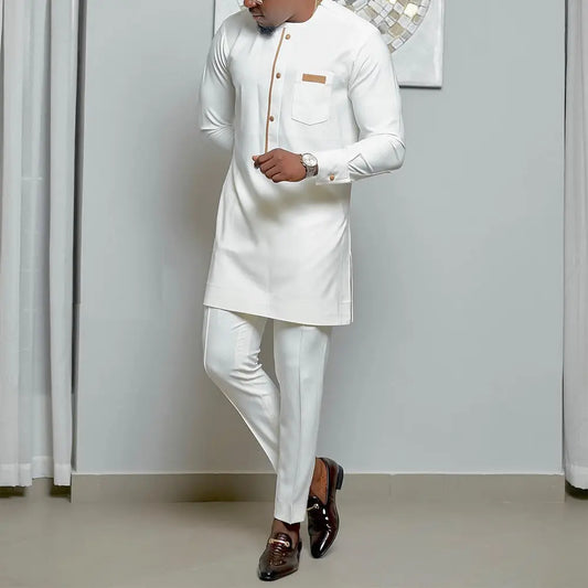 New African Ethnic Style Men's 2 Piece White Suit cj