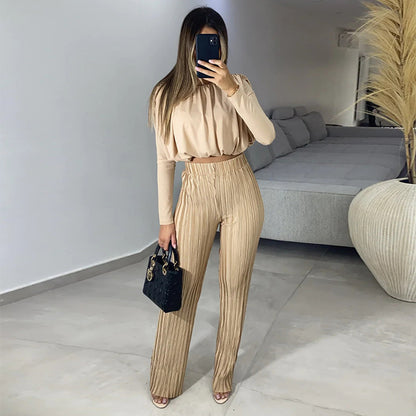 Women's Fashion Temperament Crew Neck Short Long Sleeve Underwear Blouse Casual Trousers Two-piece Set cj