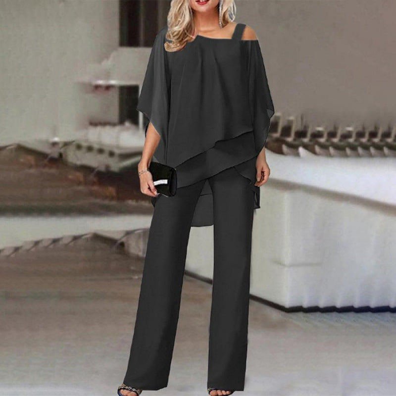 Solid Color Loose Batwing Sleeve Trousers Irregular Suit