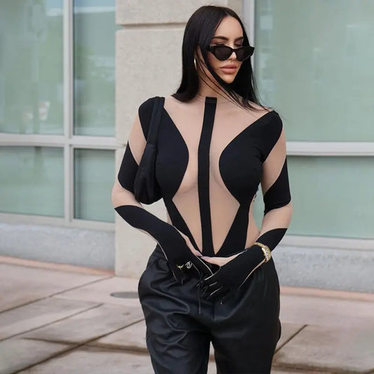 Sexy Mesh Perspective Stitching Long-sleeved Finger Sleeve Bodysuit cj
