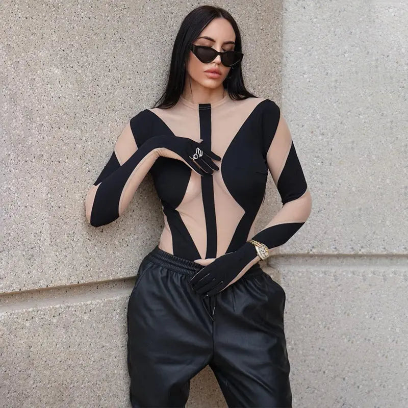 Sexy Mesh Perspective Stitching Long-sleeved Finger Sleeve Bodysuit cj