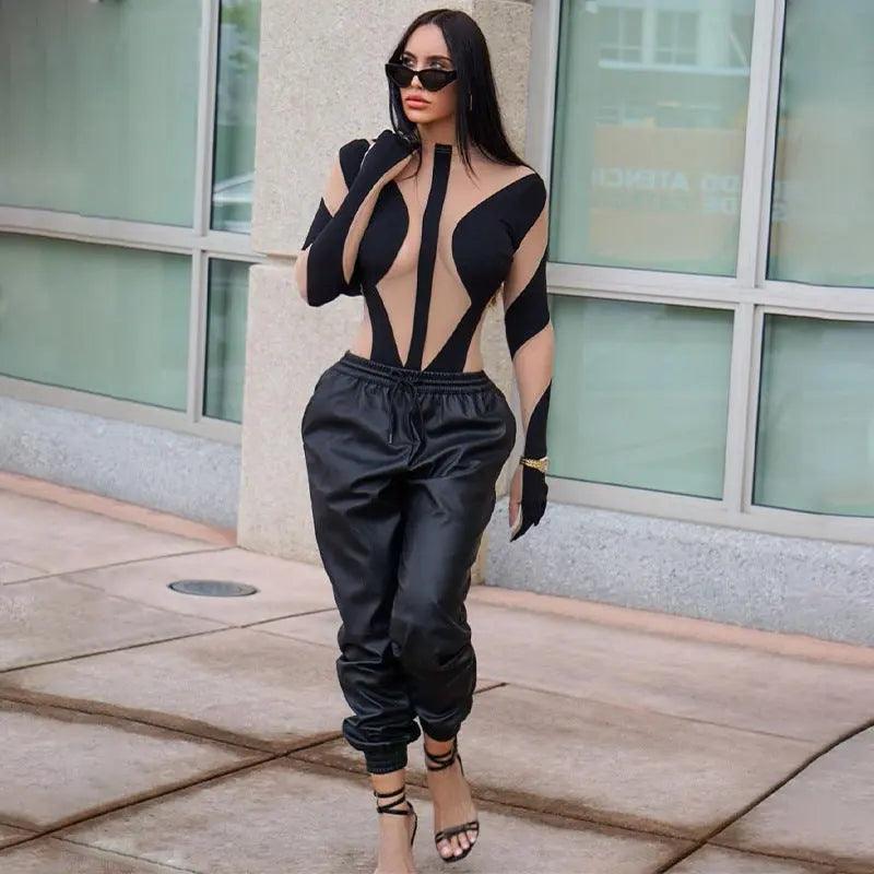 Sexy Mesh Perspective Stitching Long-sleeved Finger Sleeve Bodysuit cj
