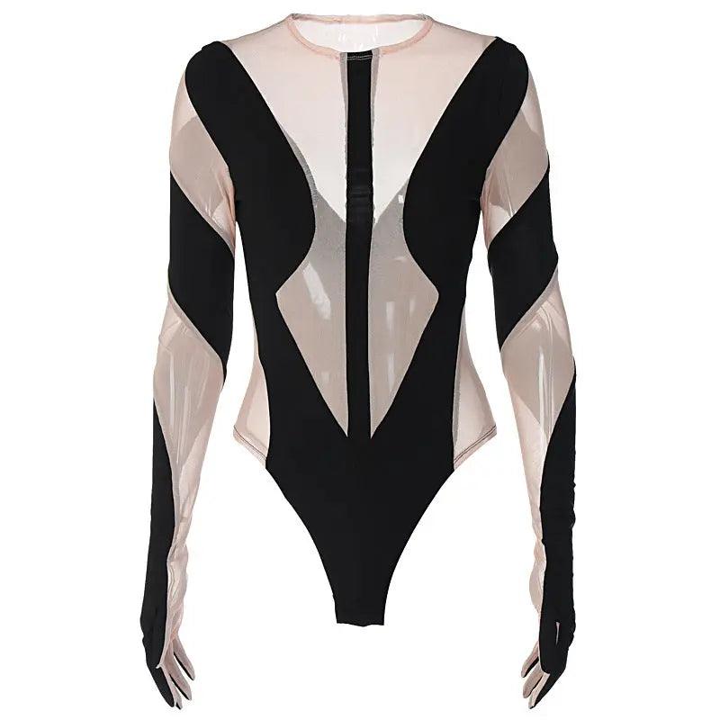 Sexy Mesh Perspective Stitching Long-sleeved Finger Sleeve Bodysuit cj