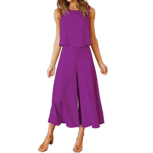 Top Short Solid Color Wide-leg Pants Suit cj