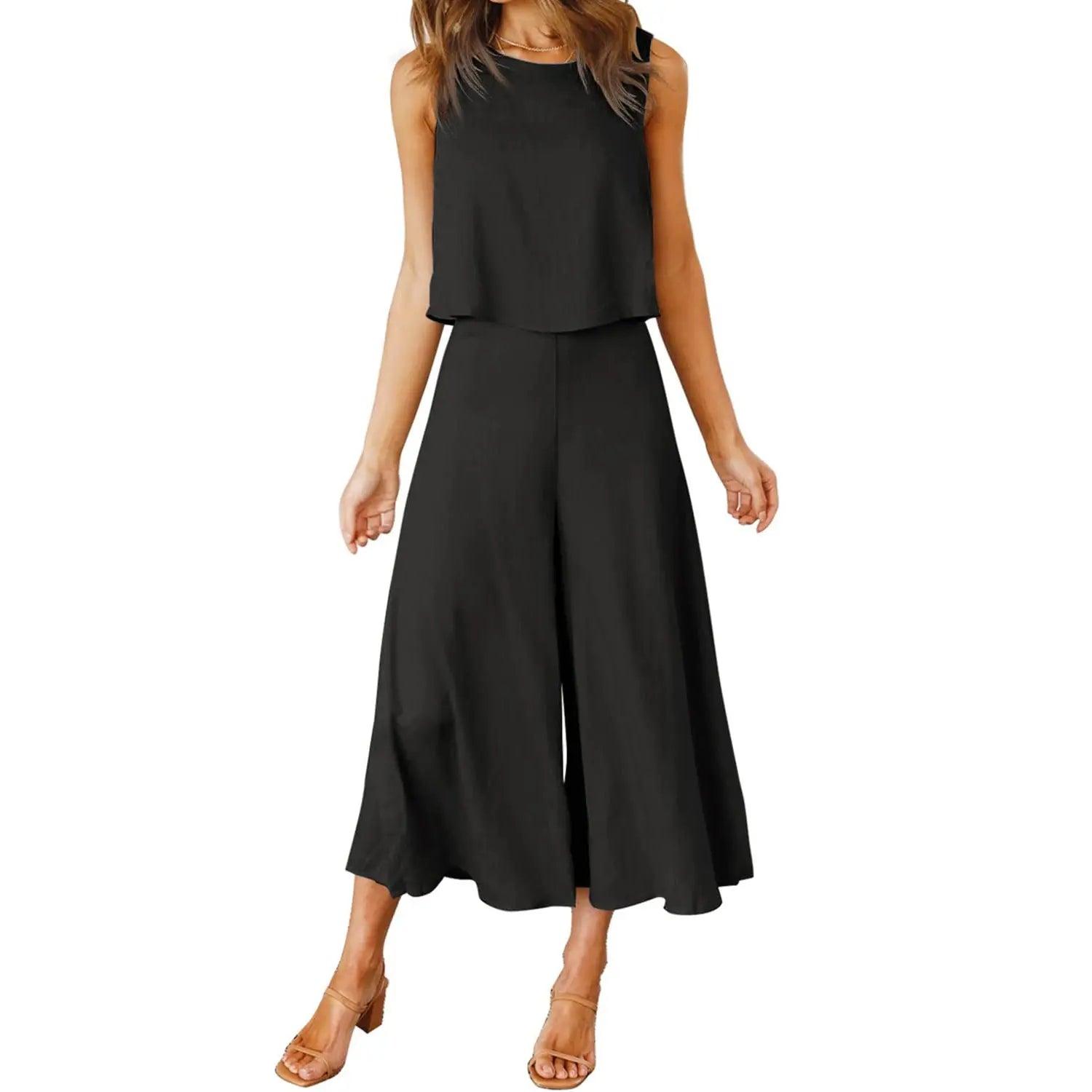 Top Short Solid Color Wide-leg Pants Suit cj