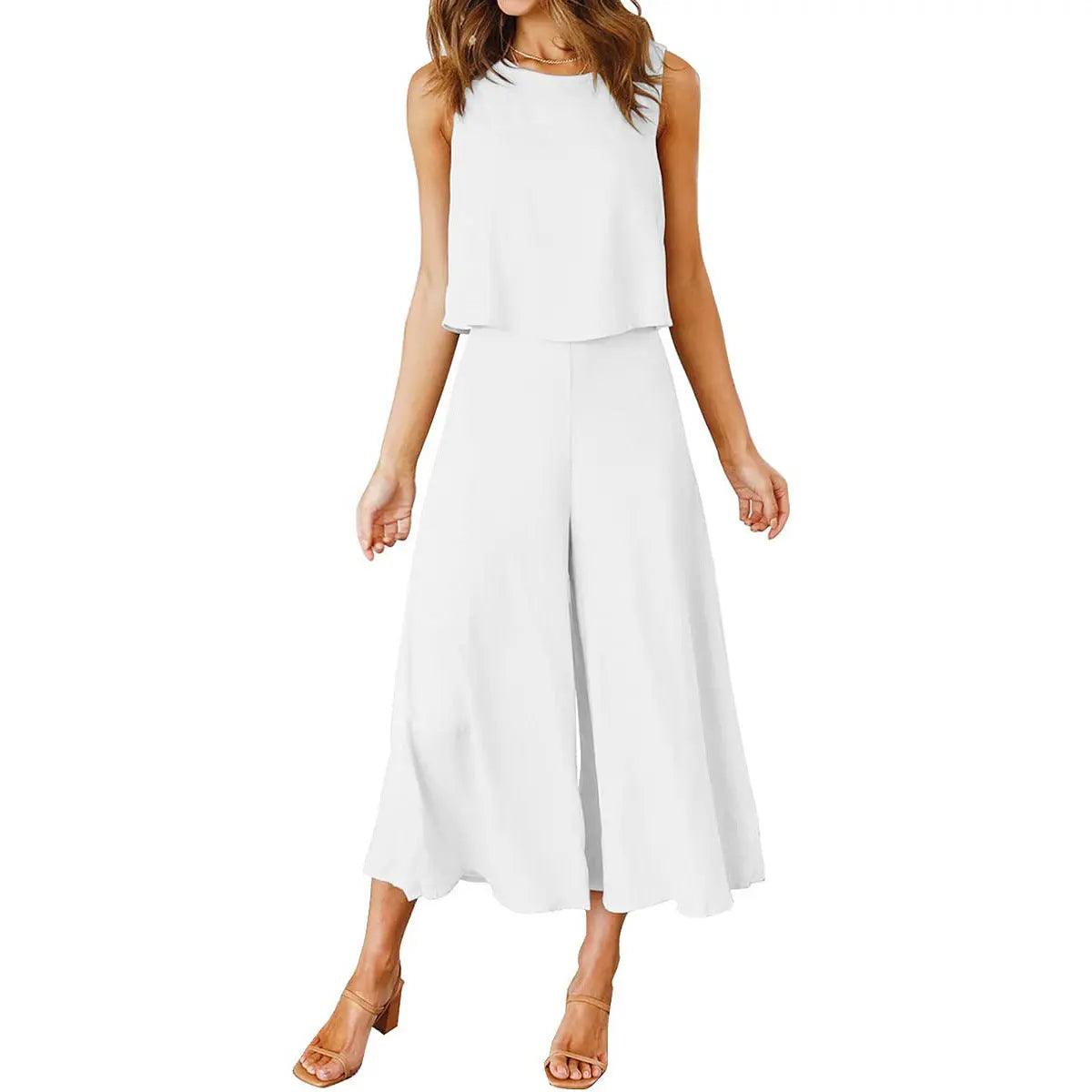 Top Short Solid Color Wide-leg Pants Suit cj