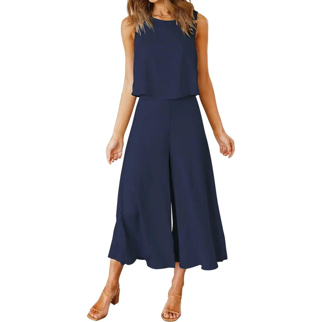 Top Short Solid Color Wide-leg Pants Suit cj