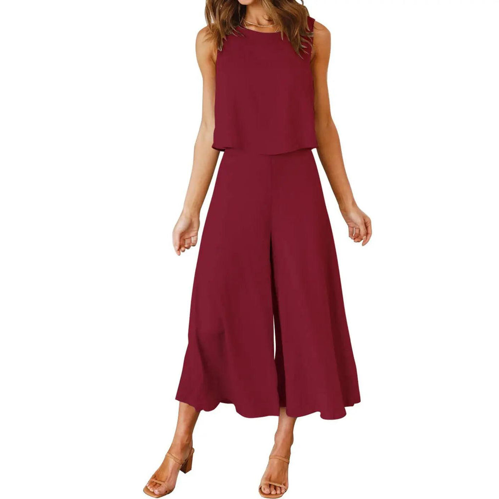 Top Short Solid Color Wide-leg Pants Suit cj