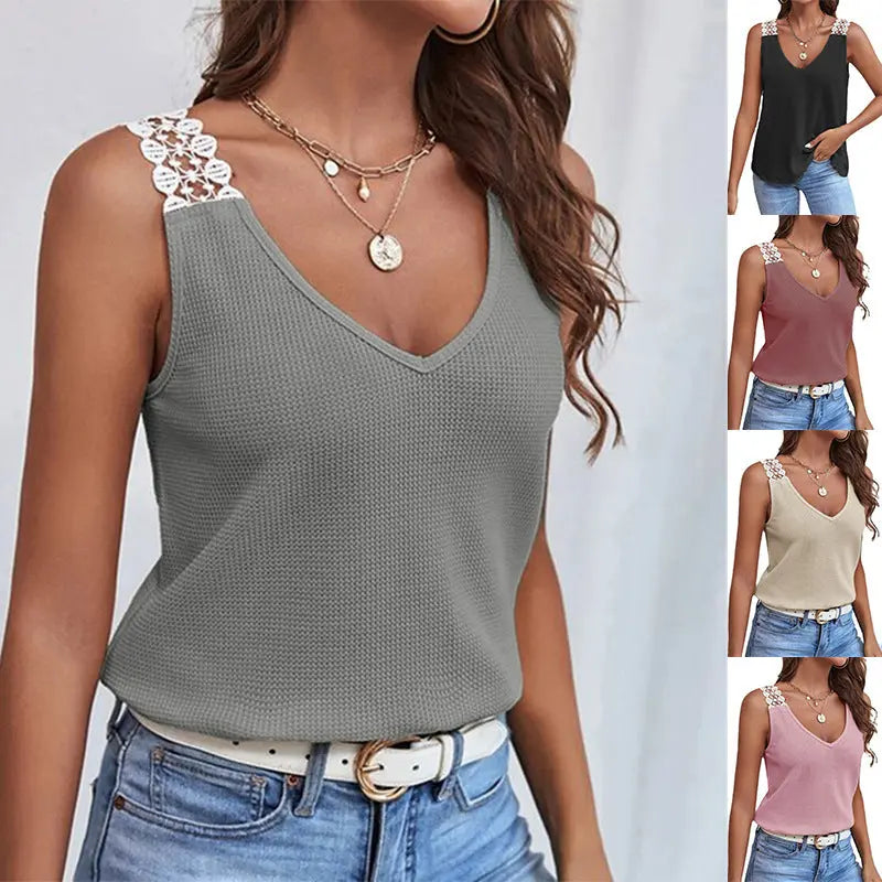 Waffle V-Neck Vest Sleeveless Lace Tank Shirt Tops Summer cj